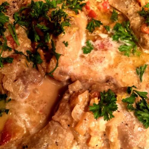 Braised Rabbit with Crème Fraîche, Bacon and Shinko